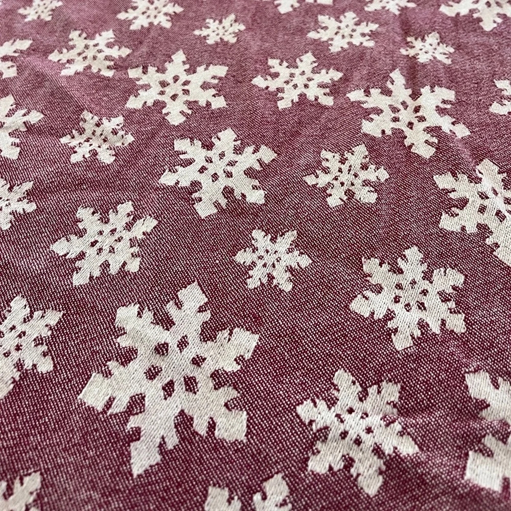 Vintage Muted Red/Cream Woven Cotton Snowflake pattern tablecloth 71 x 53